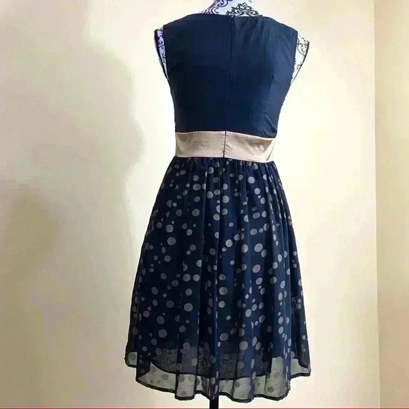 Anthropologie Retro Black Gold Polka Dot Fit & Flare Mini Flower Dress Size S - Picture 7 of 13